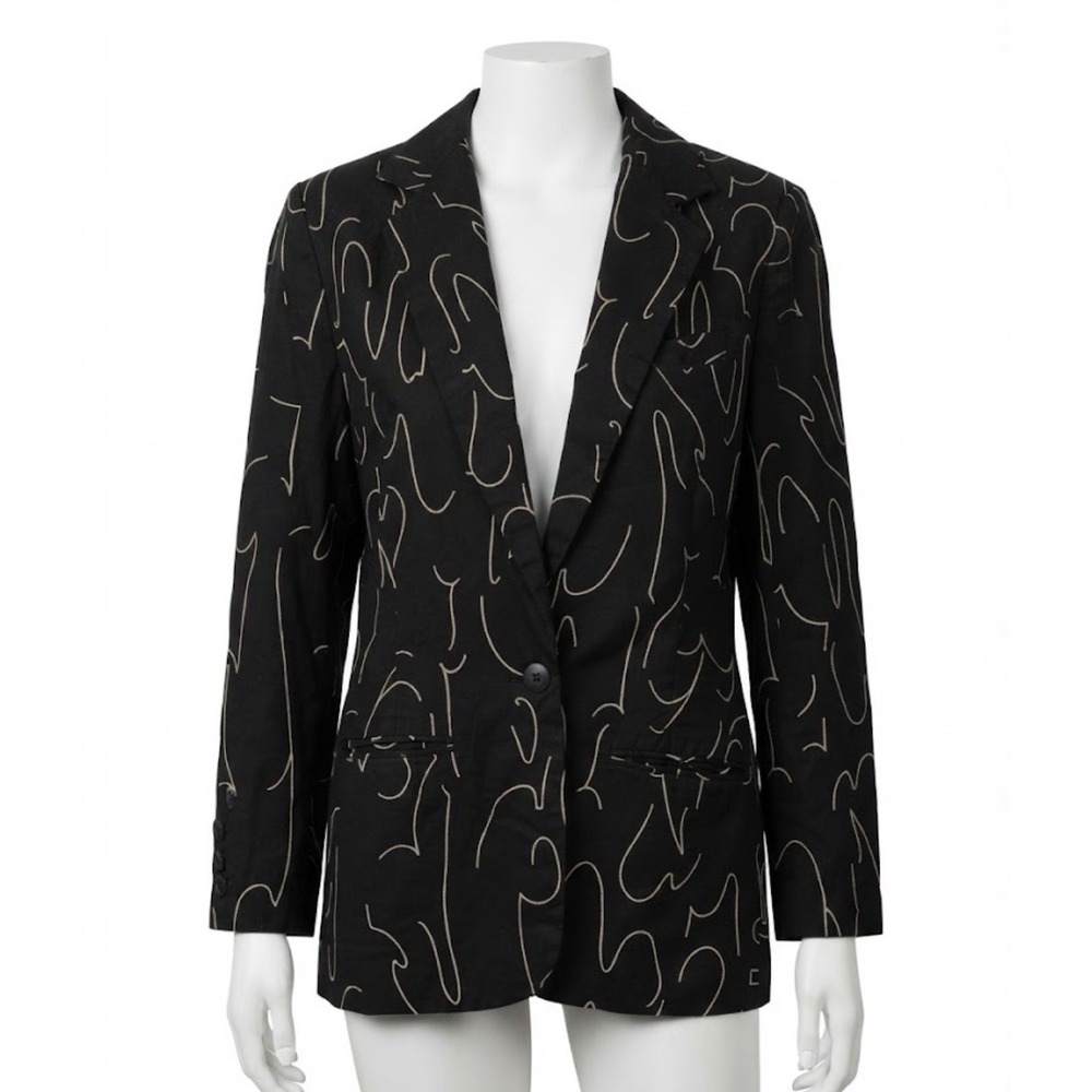 Newport News Vintage Black Abstract Line Art Print Blazer Jacket 8 Linen Blen